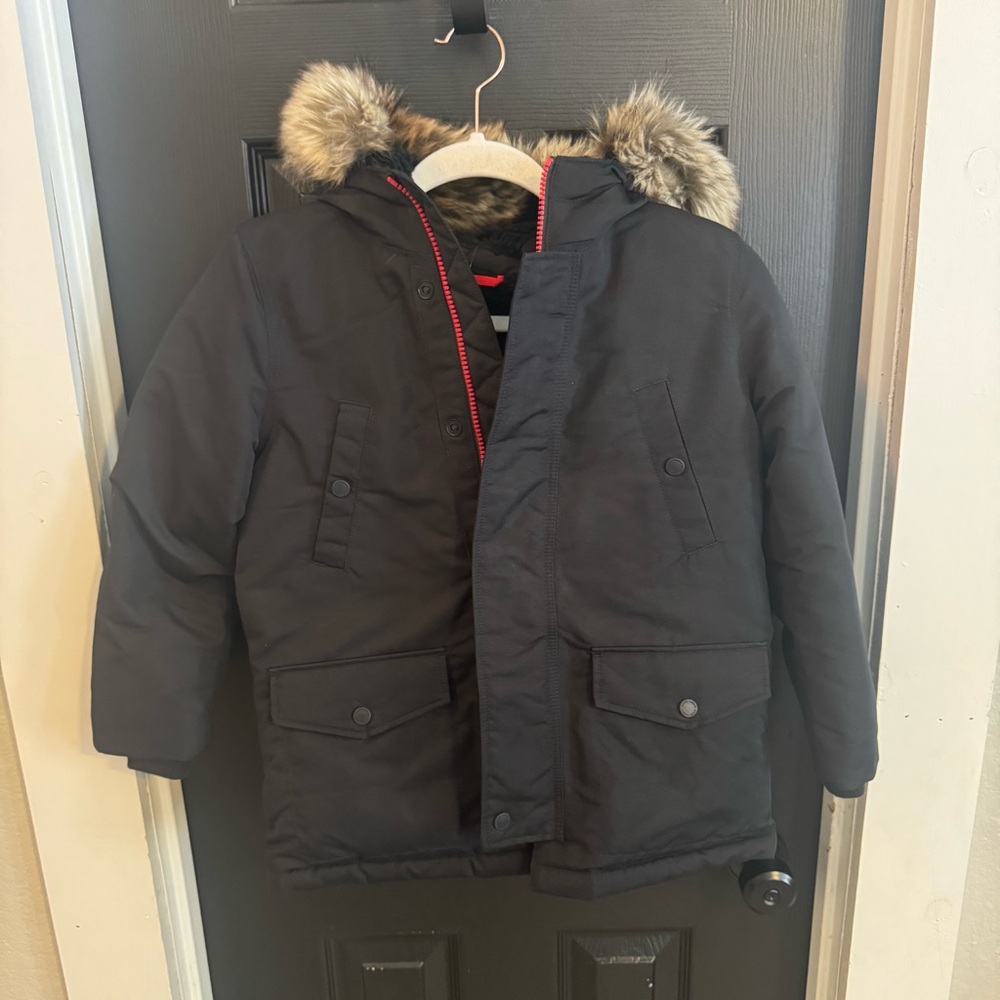 Polo Ralph Lauren Boys Black Size 7 Down Filled Parka With Faux Fur Hood NWT